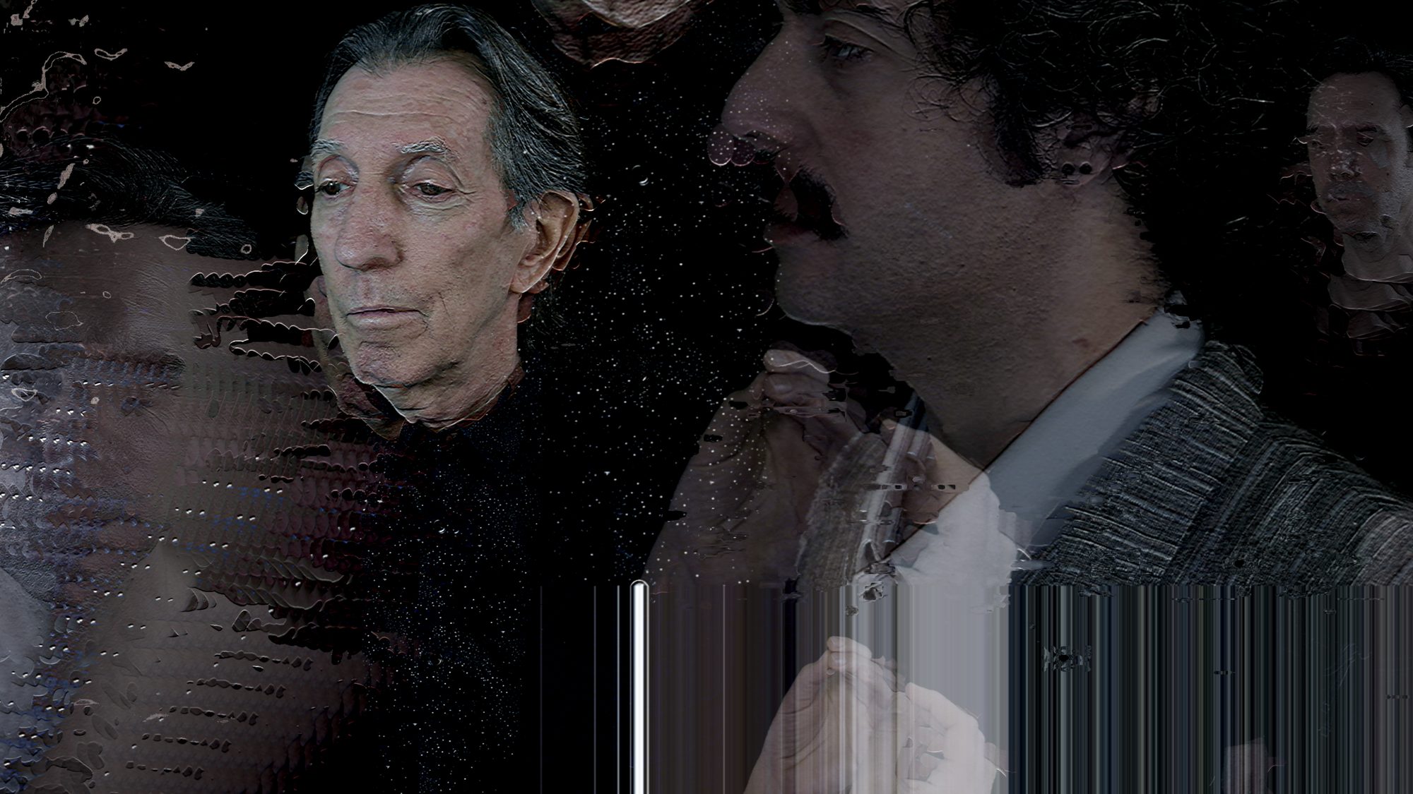 Still from The Meeting: layered, glitched portraits of two men