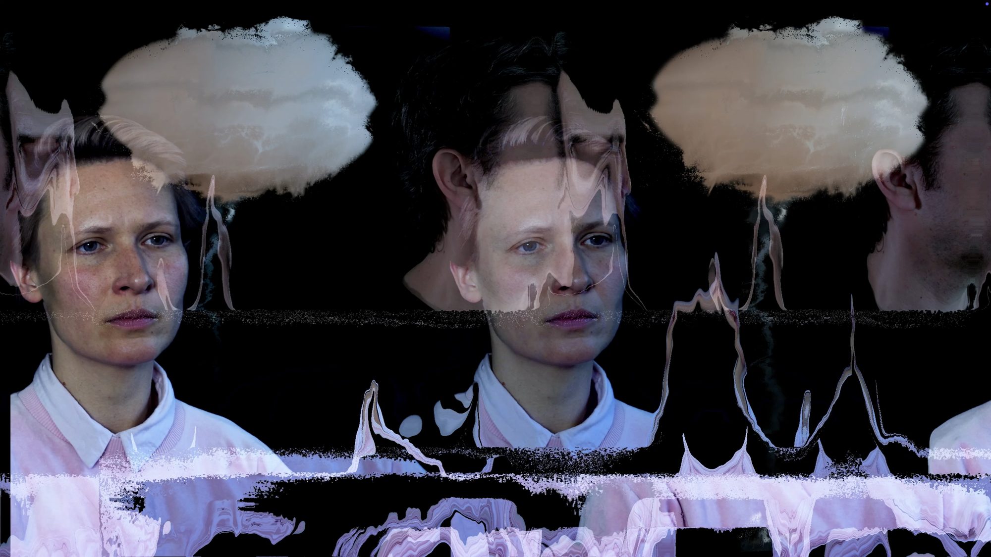 Still from The Meeting: a woman's face repeated three times under a cloud-like form