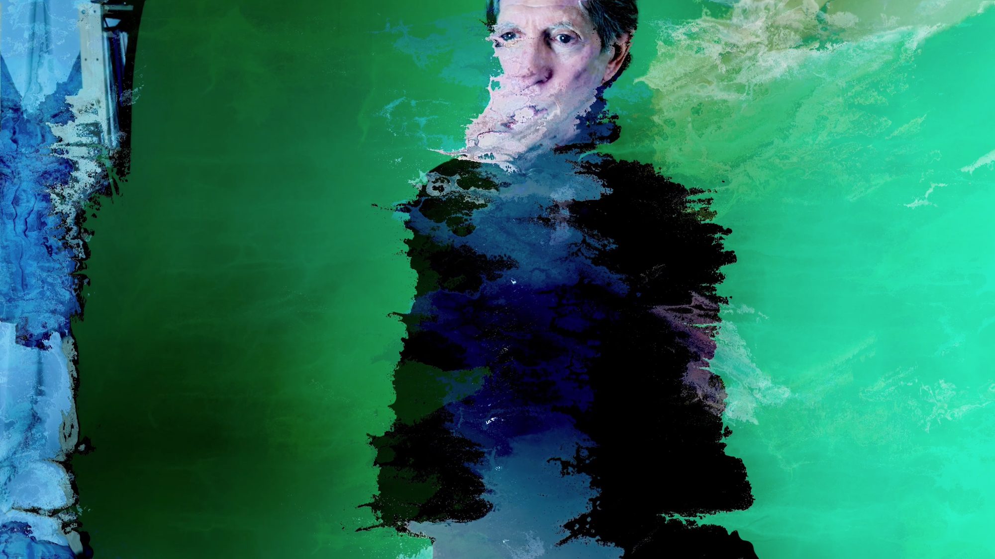 Still from The Meeting: a man dissolving into green water-like texture